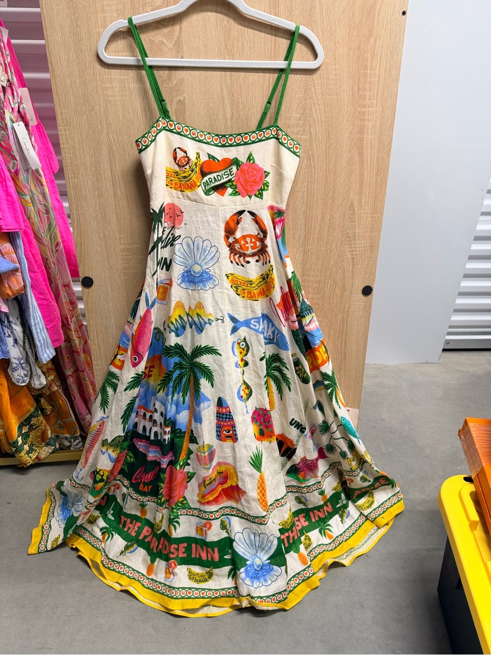 Alemais Cream Tropical Print Sundress with Green Straps